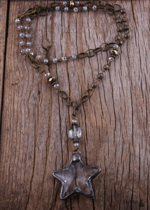 Boho Necklace, RH Antique Brass Silver Stone Glass